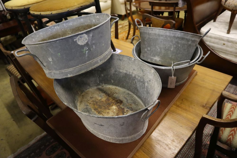 A collection of five galvanised metal tubs, largest 53 x 40cm